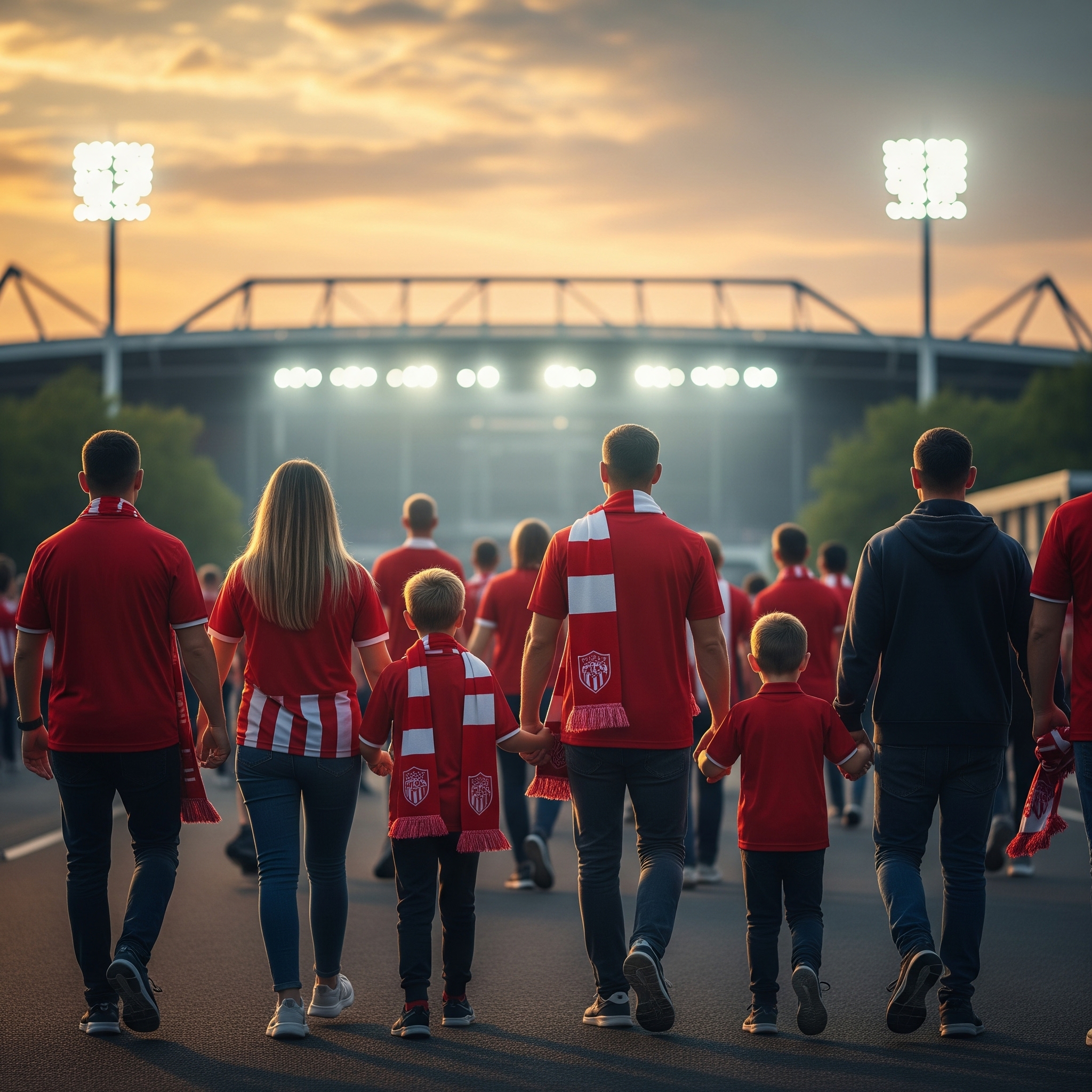 Dzień meczowy – grupa kibiców idąca na stadion